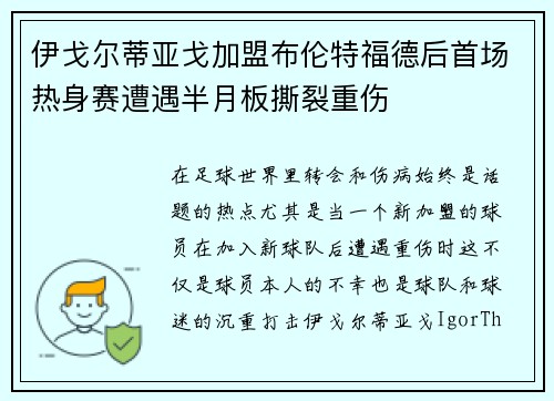 伊戈尔蒂亚戈加盟布伦特福德后首场热身赛遭遇半月板撕裂重伤